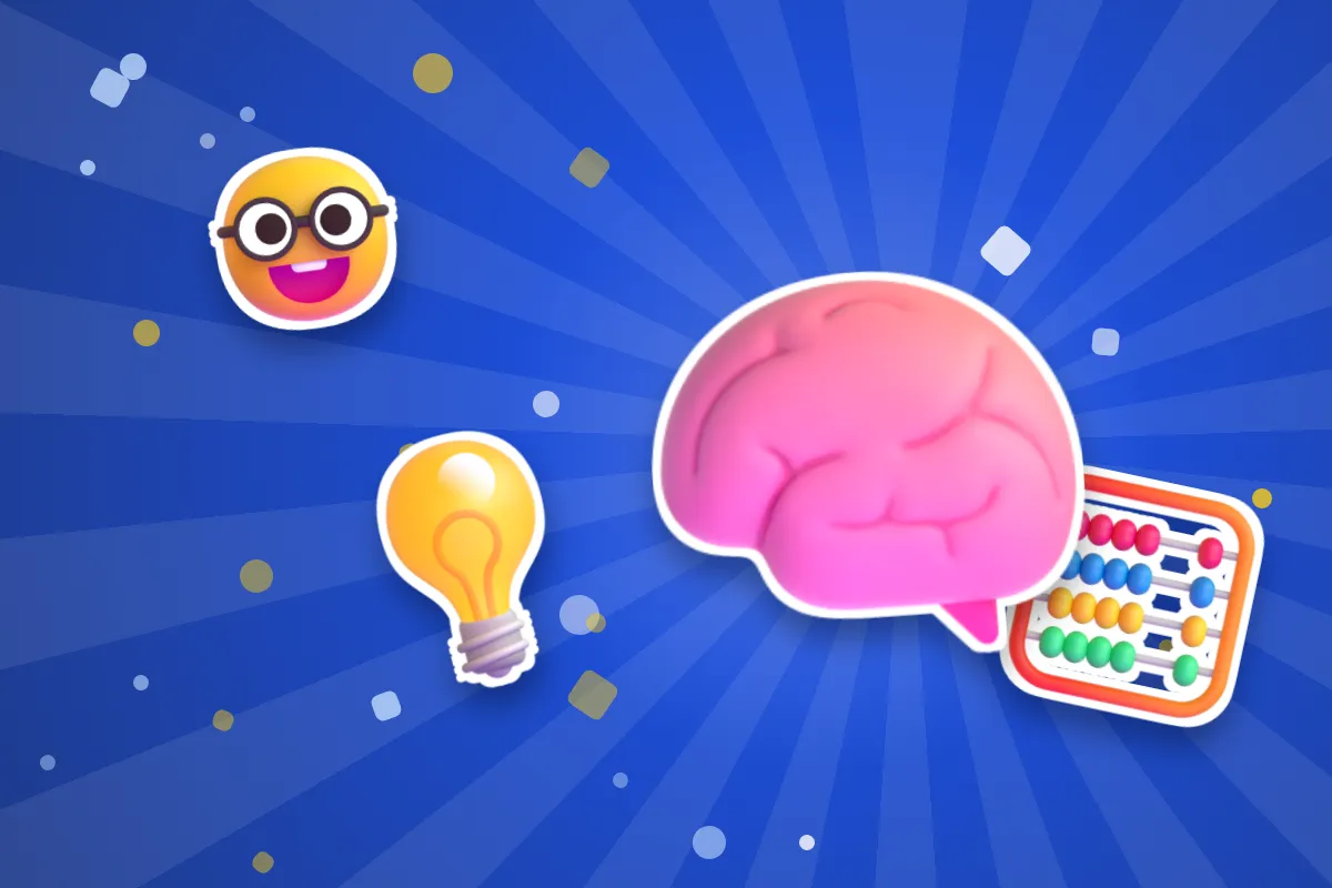 Ilustrație pentru testul IQ cu un creier, un bec, un abac și un emoji tocilar cu ochelari